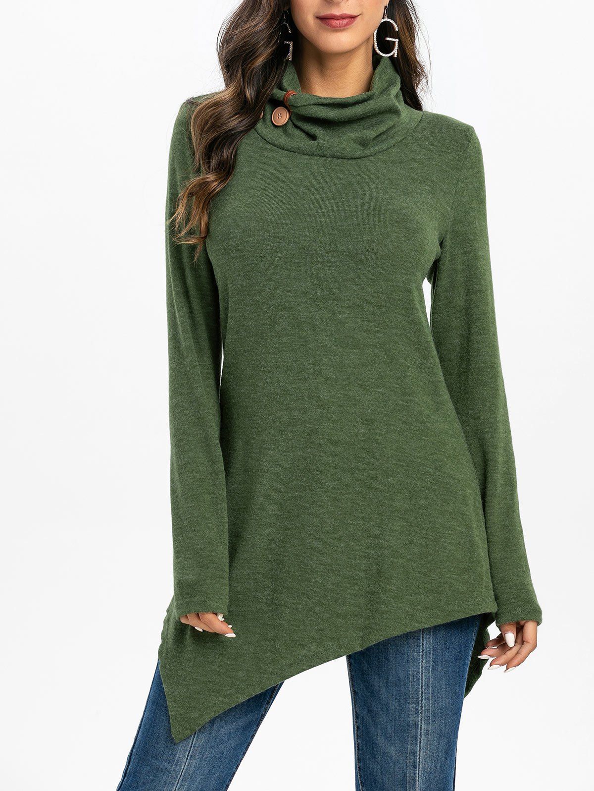 

Mock Neck Cowl Neck Longline Sweater, Army green