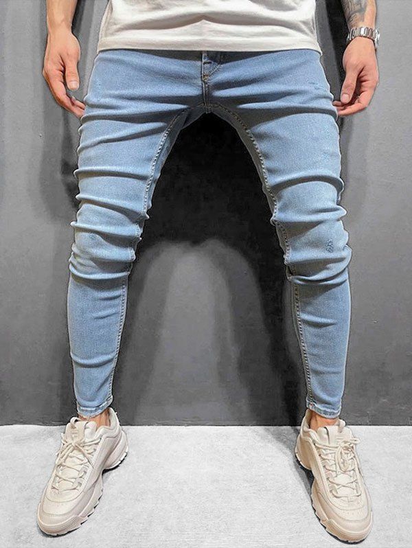

Solid Color Zip Fly Slim Cuffed Jeans, Jeans blue