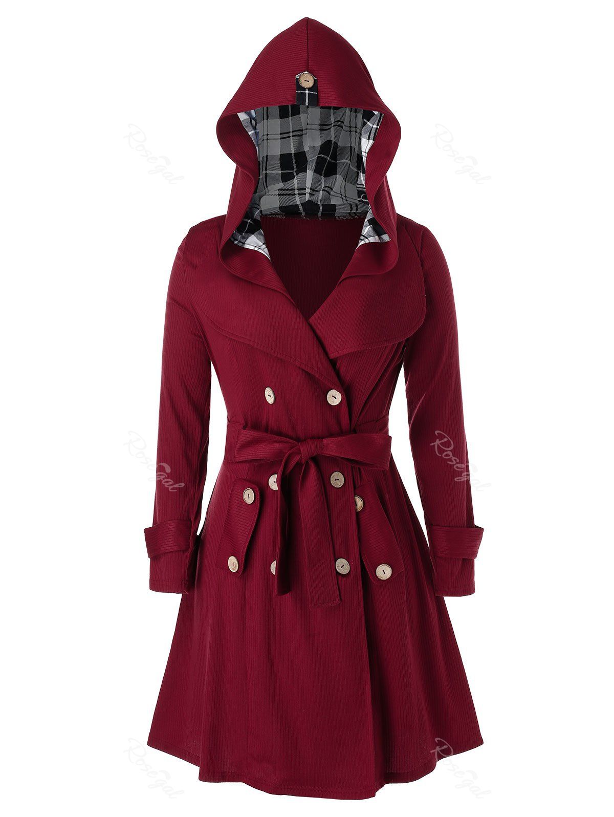 

Plus Size Hooded Belted Double Breasted Coat, Red wine