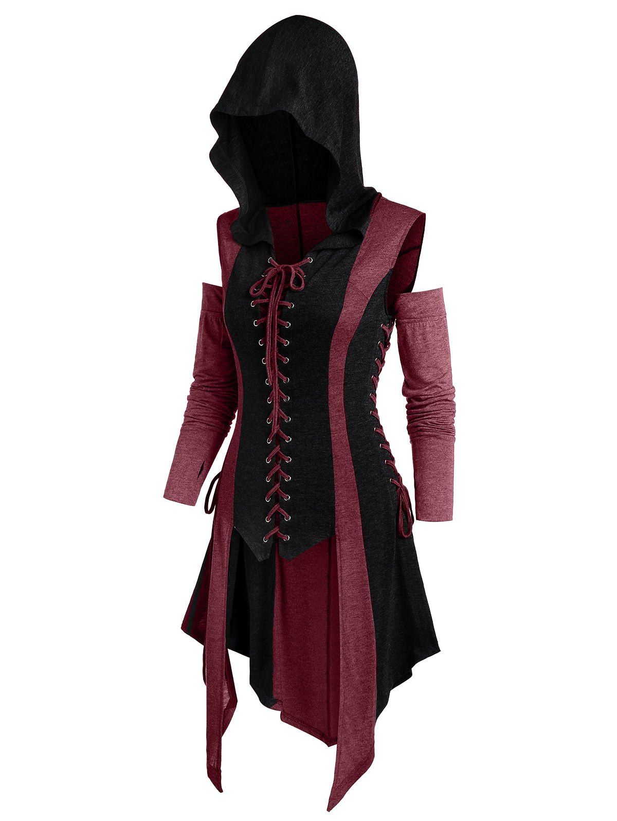 

Cold Shoulder Lace-up Hooded High Low Contrast Coat, Black