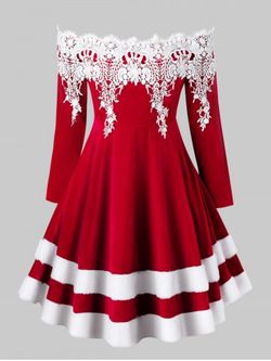 Plus tamaño Desactivado Contraste hombro vestido de encaje de terciopelo de Navidad - CHESTNUT RED - L
