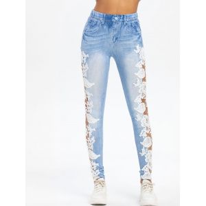 

High Rise Applique Panel Sheer Elastic Jeggings, Jeans blue