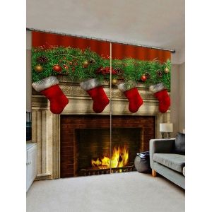 

2 Panels Christmas Fireplace Stockings Print Window Curtains, Multi