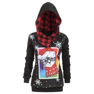 

Plus Size Christmas Cat Snowflake Print Hoodie, Black