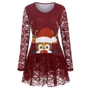 

Longline Lace Panel Cartoon Elk Print Christmas Plus Size Top, Red