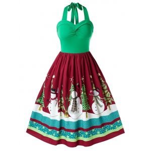 

Plus Size Christmas Vintage Halter Snowman Print Party Dress, Medium spring green