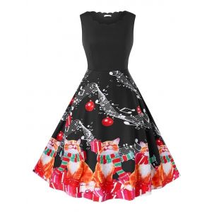 

Plus Size Christmas Vintage Cat Print Swing Dress, Black