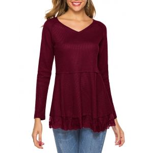 

Plain V Neck Lace Hem Knitwear, Red wine