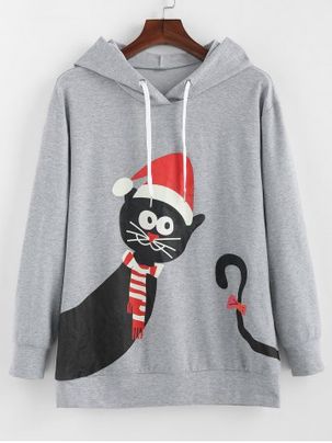 Plus Size Tunic Cat Print Christmas Hoodie