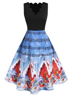 Plus Size High Waist Fit And Flare Printed Christmas Dress - DEEP SKY BLUE - L