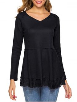 Plain V Neck Lace Hem Knitwear - BLACK - XL