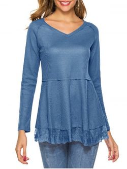 Plain V Neck Lace Hem Knitwear - BLUE - S