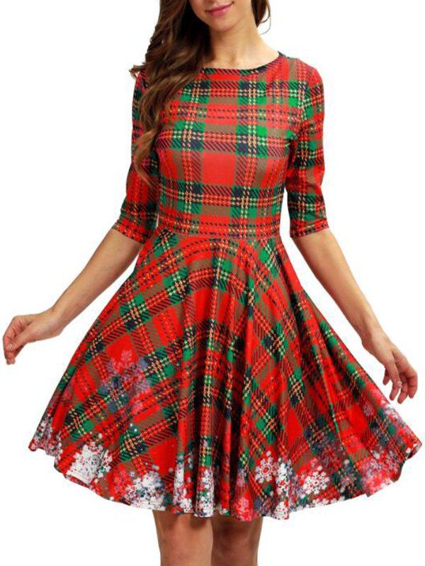 

Plaid Snowflake Christmas Round Neck Dress, Multi