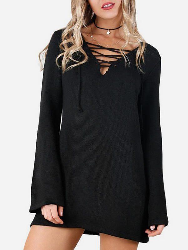 

Lace Up Flare Sleeves V Neck Knitwear, Black