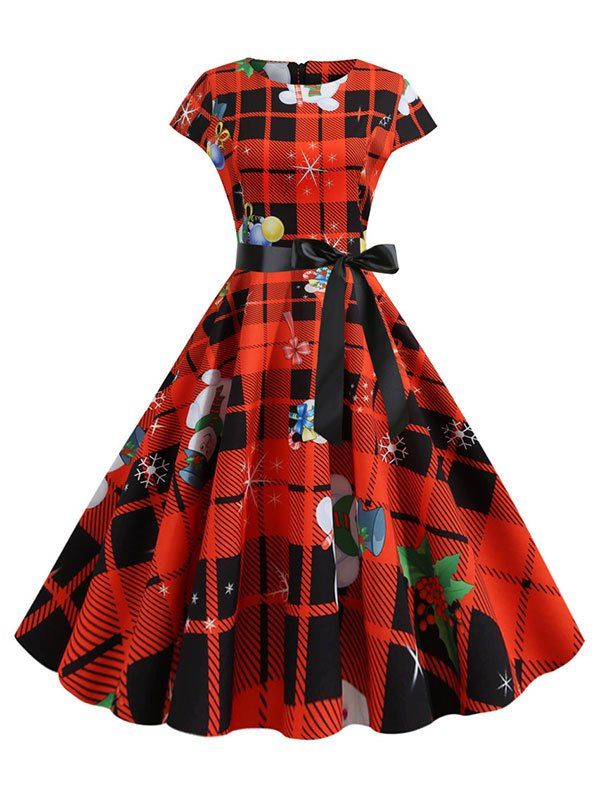 

Snowman Santa Claus Plaid Belted Christmas Cap Sleeves Dress, Multi