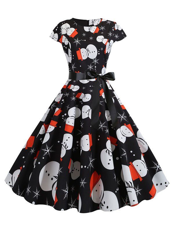 

Snowman Santa Claus Plaid Belted Christmas Cap Sleeves Dress, Multi-a