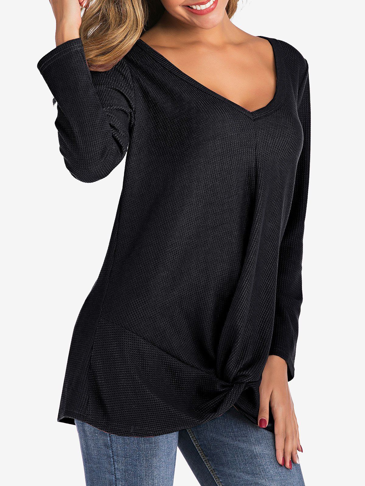 

Plain V Neck Twist Hem Knitwear, Black