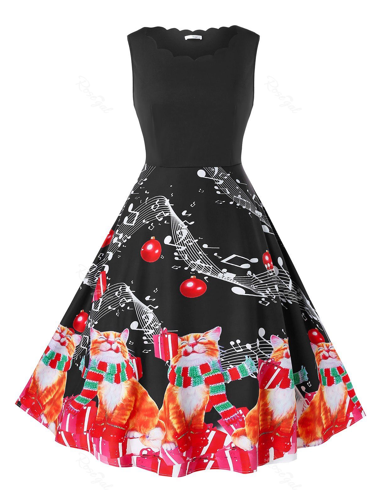 Outfit Plus Size Christmas Vintage Cat Print Swing Dress  