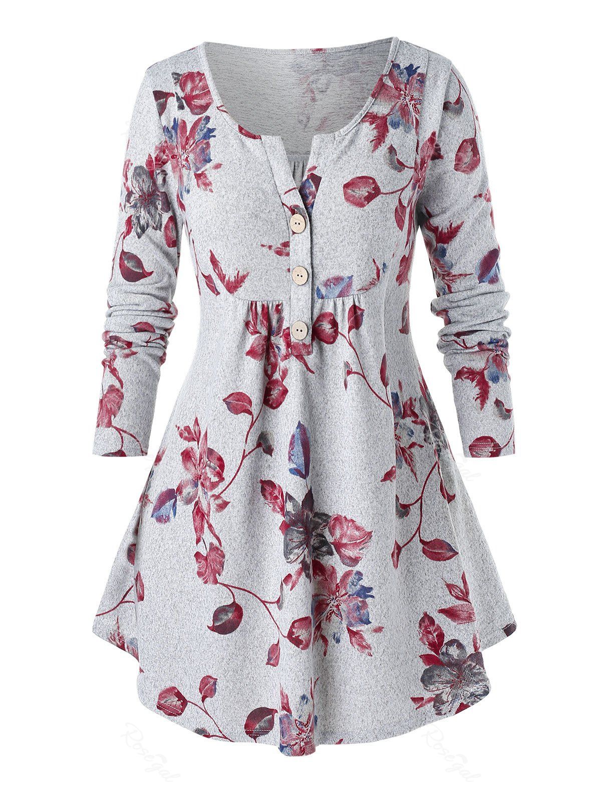 

Plus Size Round Collar Floral Print Button T Shirt, Battleship gray