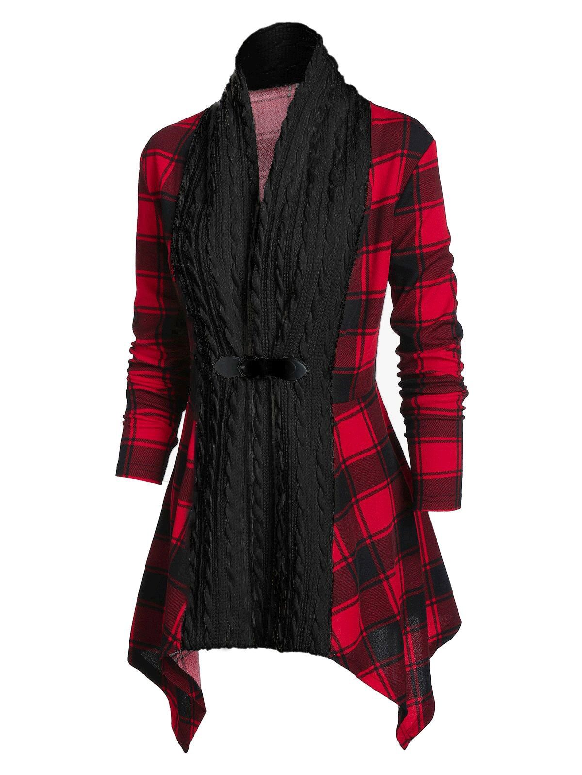 

Cable Knit Plaid Panel Mixed-media Tunic Coat, Red wine