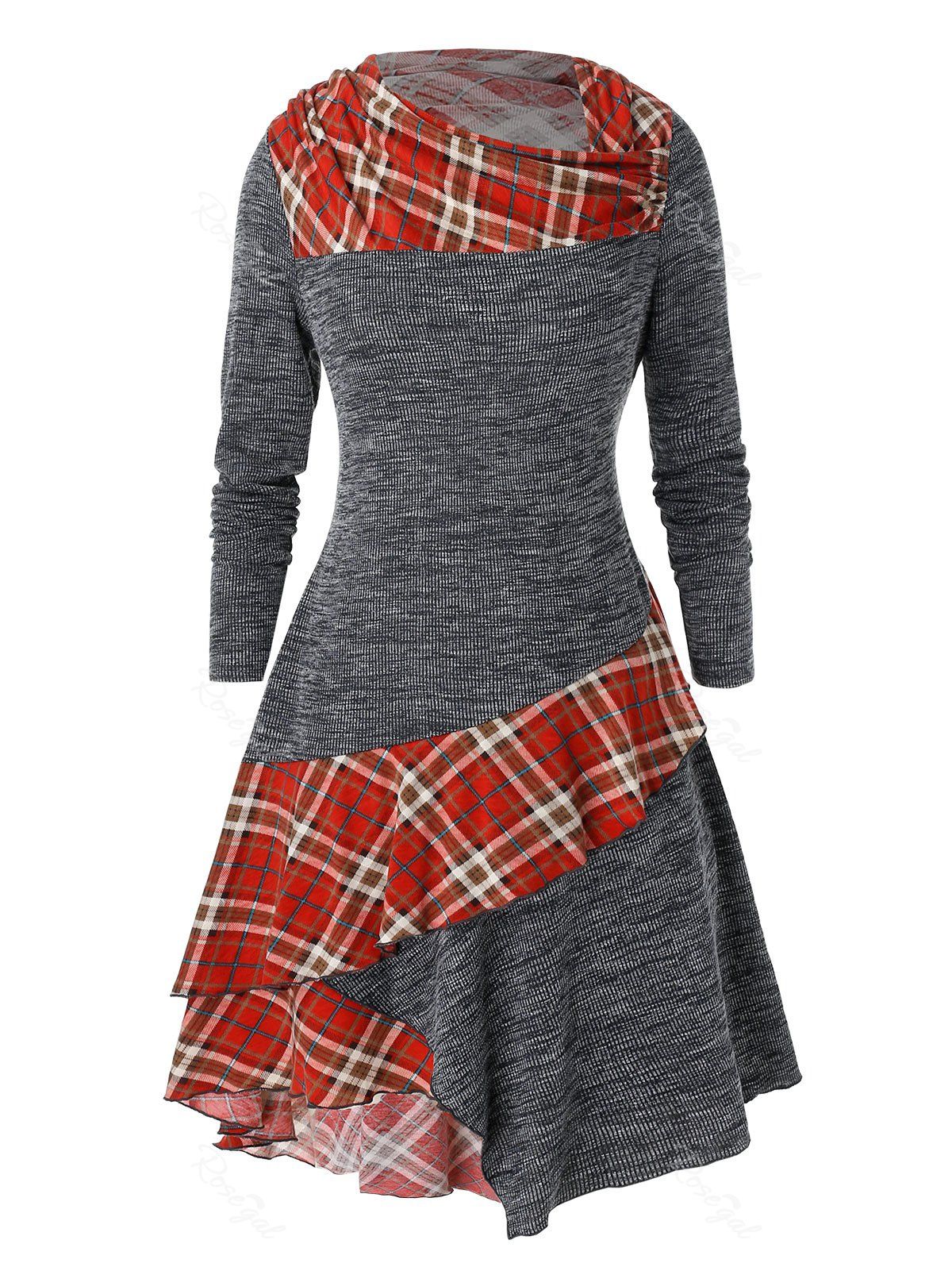 

Plus Size Plaid Ruffle Mixed Media A Line Dress, Gray