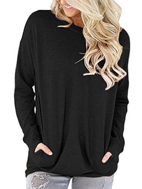 

Round Neck Pockets Drop Shoulder Sweatshirt, Black