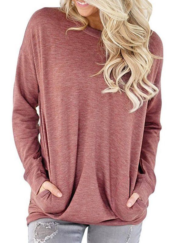 

Round Neck Pockets Drop Shoulder Sweatshirt, Pink