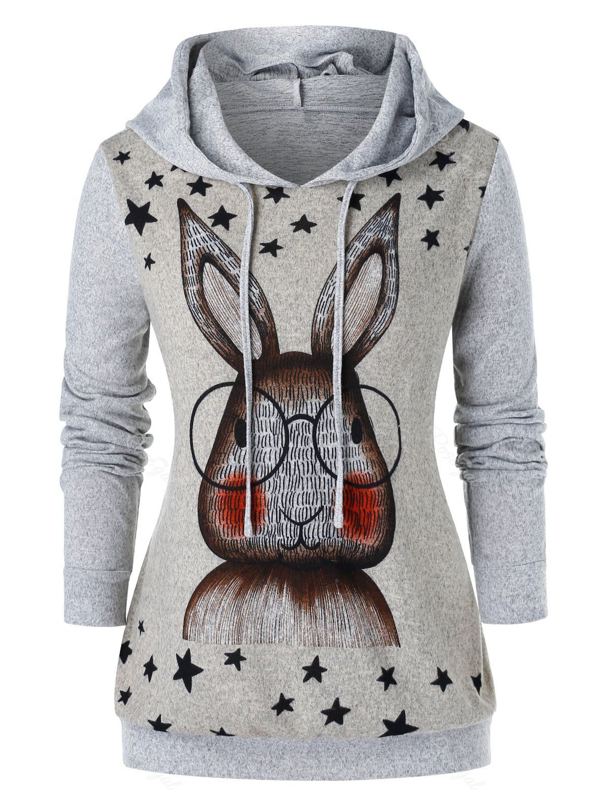 

Plus Size Cartoon Ear Rabbit Printed Graphic Hoodie, Gray