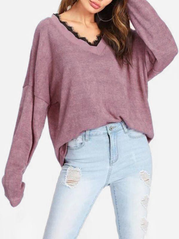 

Lace Trim V Neck Drop Shoulder Knitwear, Rosy brown