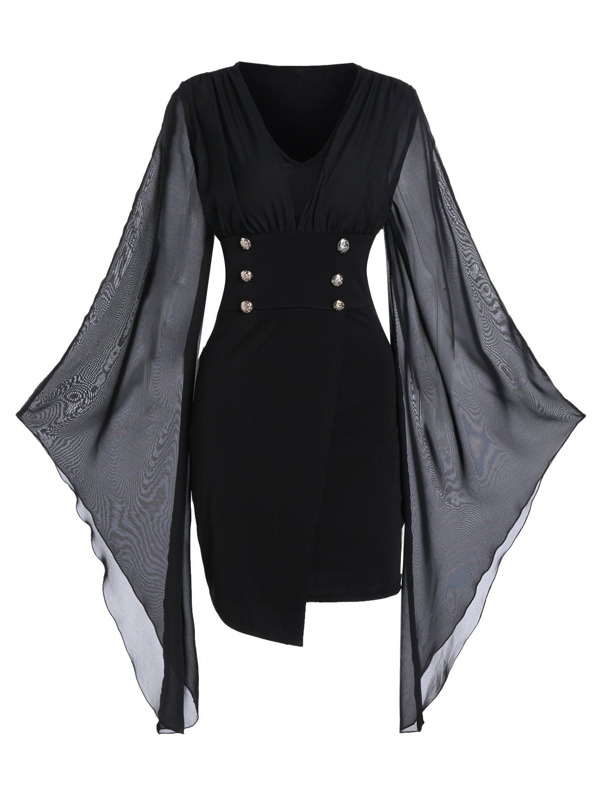 

Flare Sleeve Solid Button Bodycon Dress, Black
