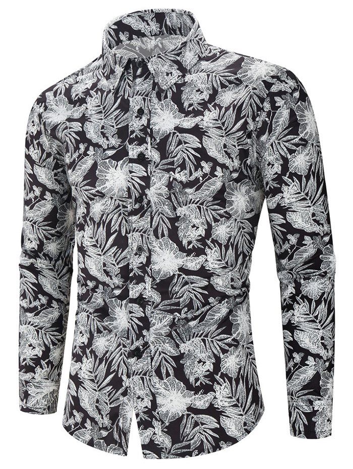 

Plant Leaf Allover Print Long Sleeve Button Shirt, Black