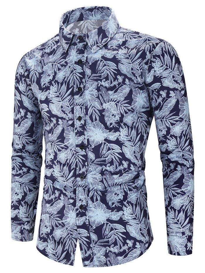 

Plant Leaf Allover Print Long Sleeve Button Shirt, Blue