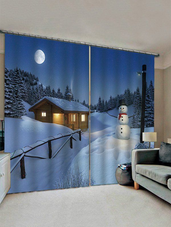 

2 Panels Christmas Night Snowman Print Window Curtains, Multi