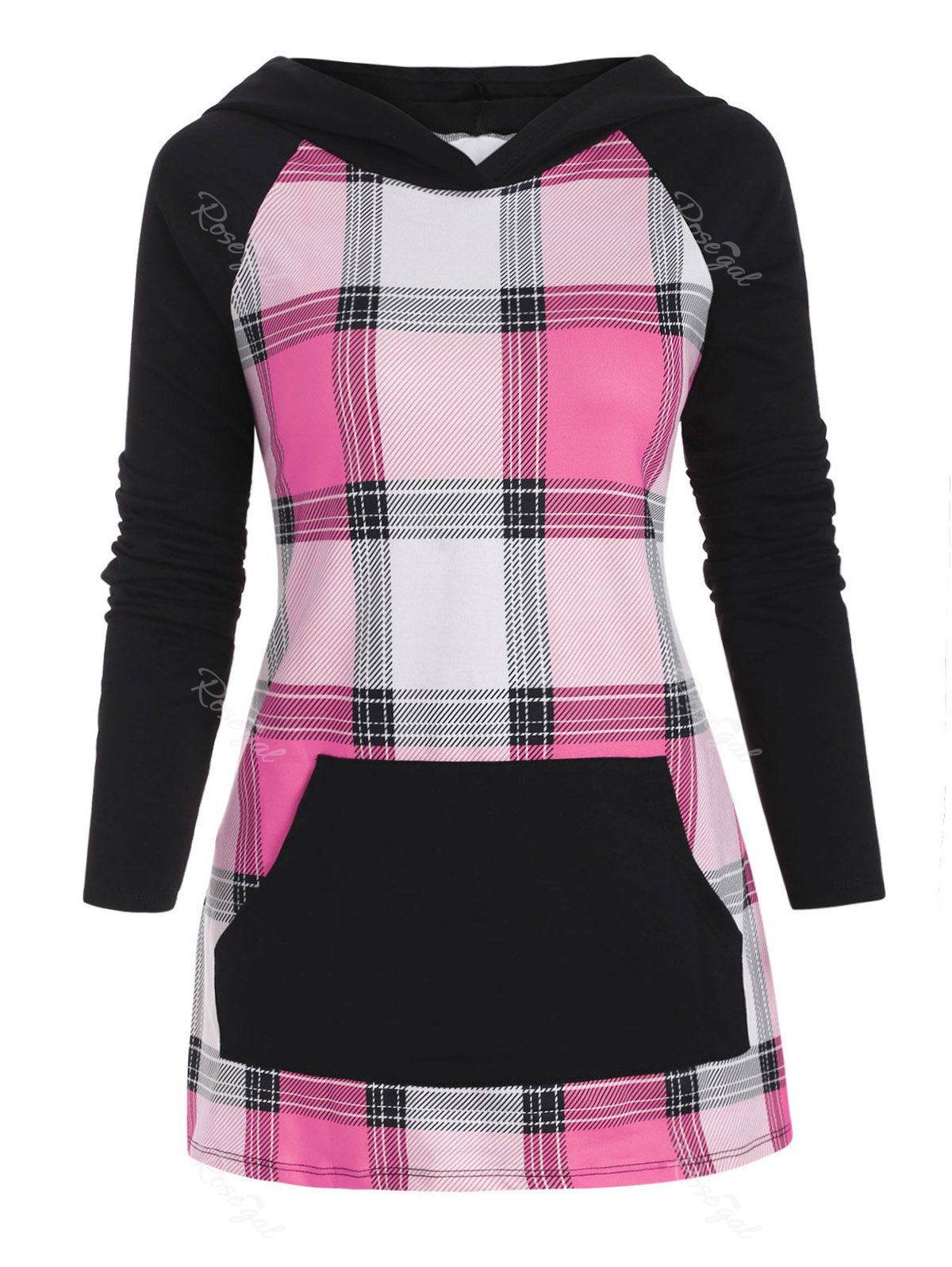

Raglan Sleeve Plaid Front Pocket Plus Size Hoodie, Pink