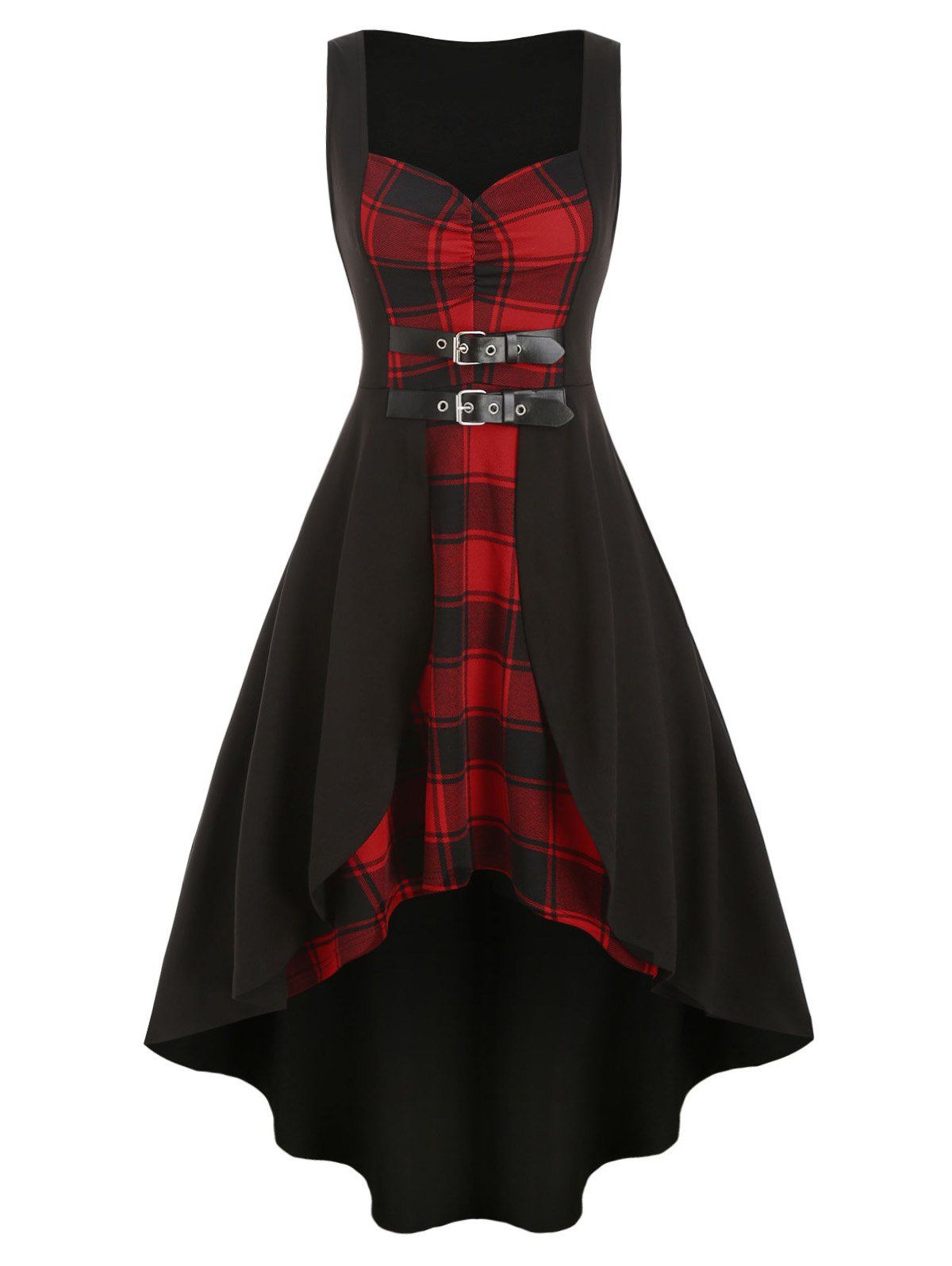 

Plaid Buckle Dip Hem Sleeveless Dress, Black