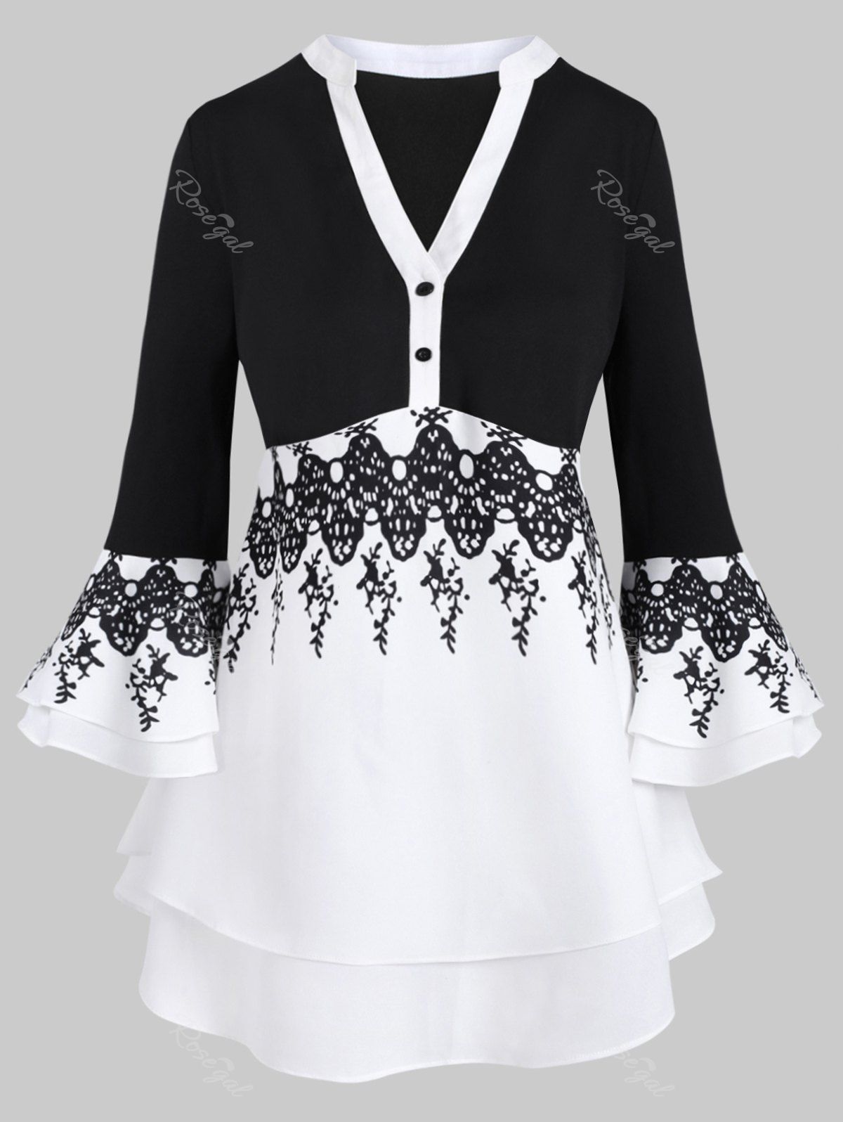 

Two Buttoned Flare Sleeve Layered Printed Plus Size Blouse, Black