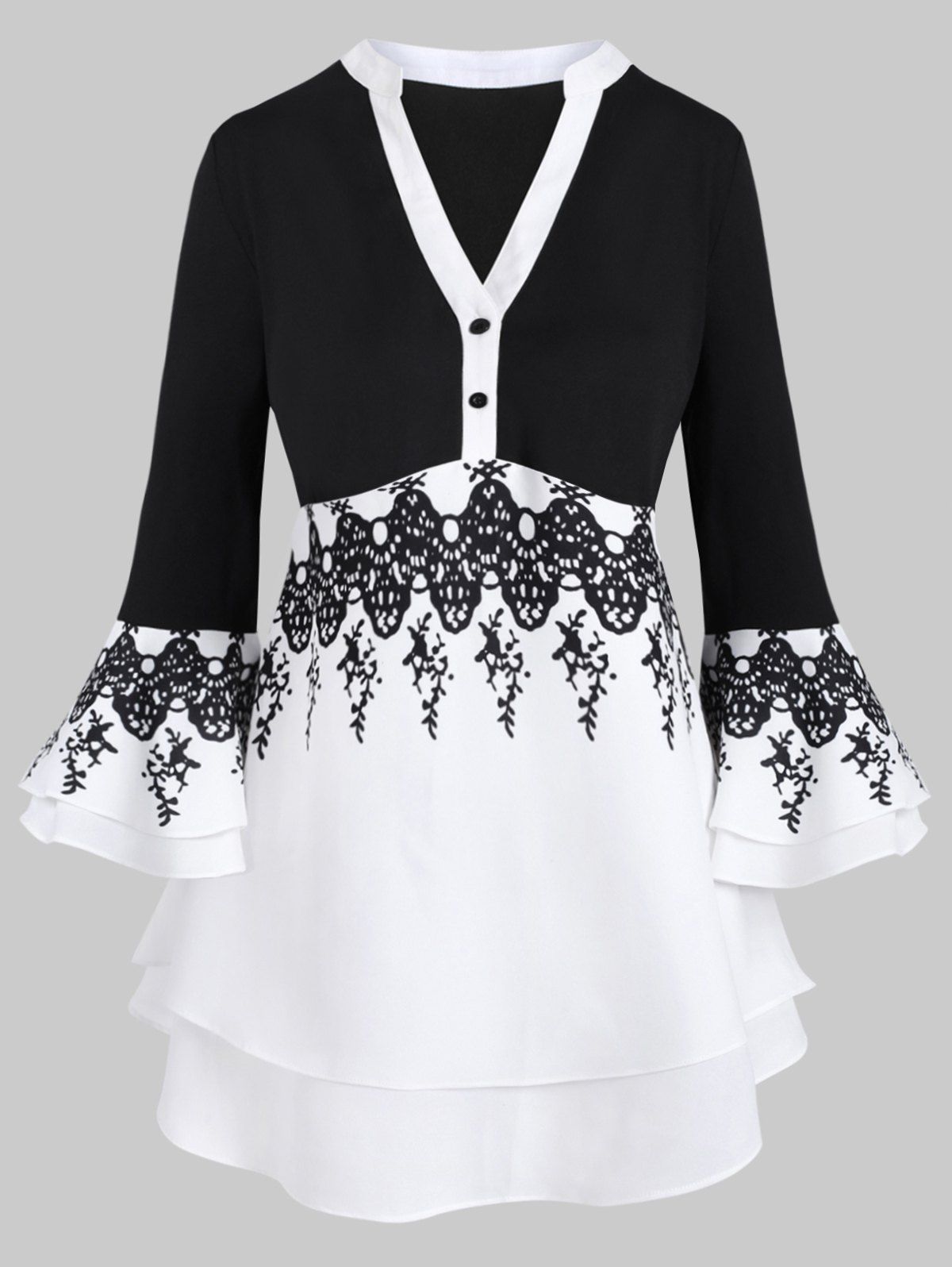 

Two Buttoned Flare Sleeve Layered Printed Plus Size Blouse, Black