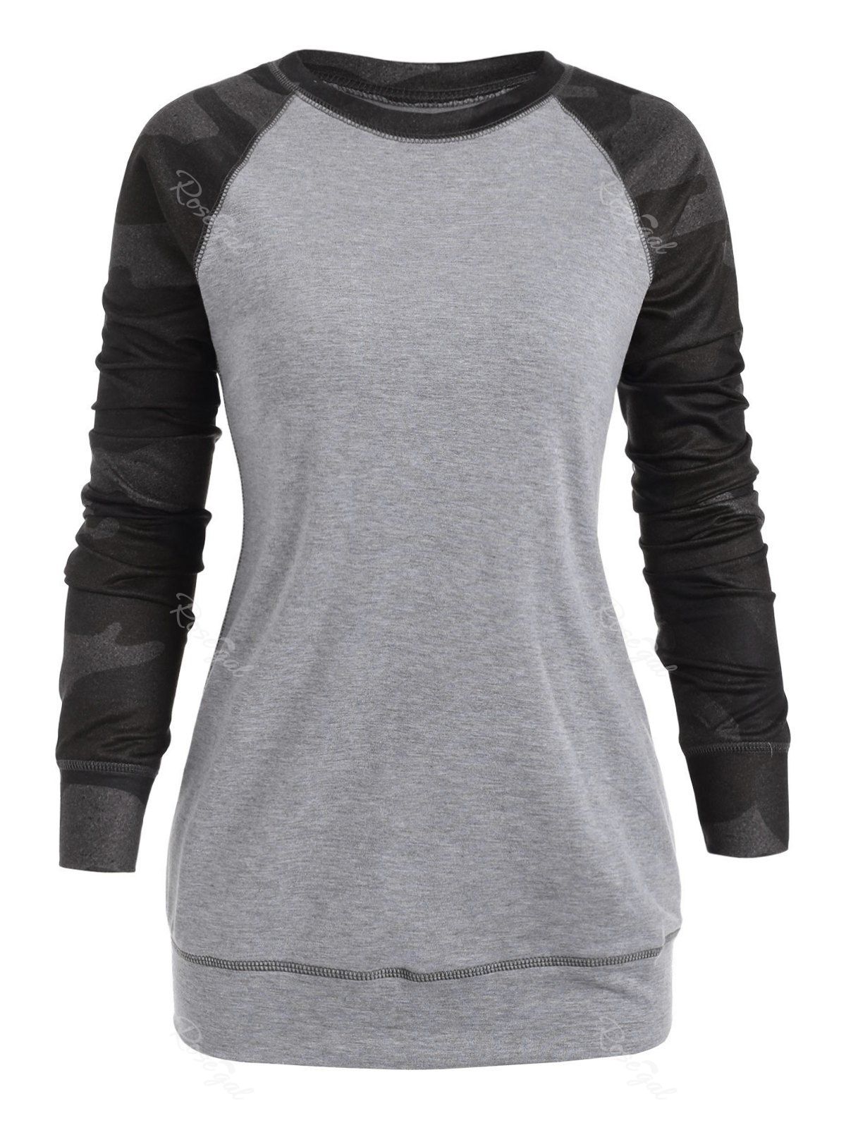 

Stitching Contrast Camouflage Raglan Sleeve Plus Size Sweatshirt, Gray