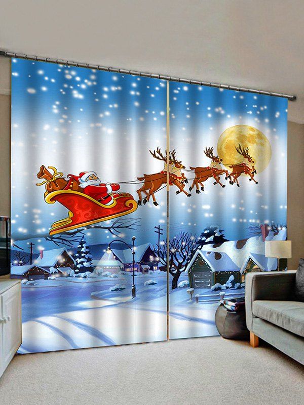 

2 Panels Christmas Santa Claus Village Print Window Curtains, Multi