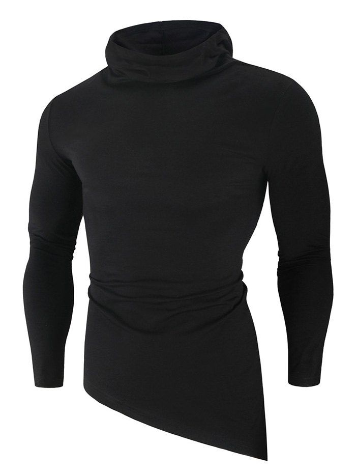 

Solid Color High Low Long Sleeve Hooded T-shirt, Black