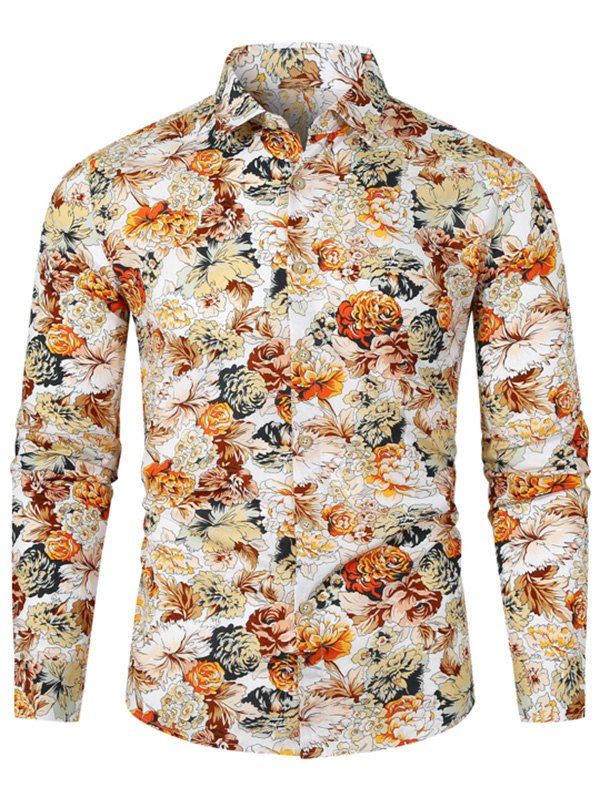 

Flower Pattern Button Up Casual Shirt, Khaki