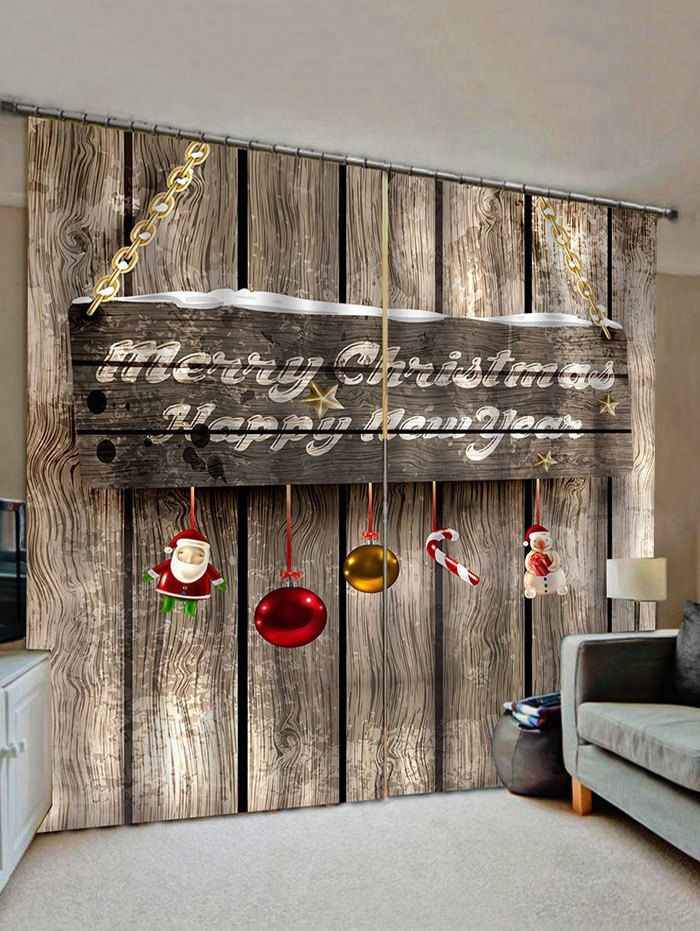

2 Panels Christmas Greeting Wooden Board Print Window Curtains, Multi