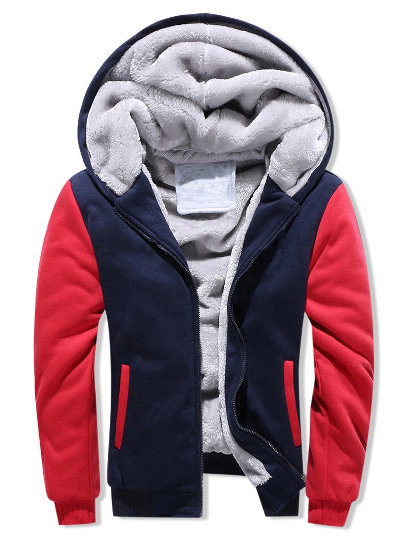 

Contrast Color Brushed Front Zip Hoodie, Red