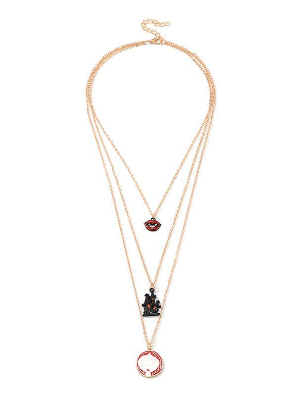 

Halloween Lip Face Castle Multi-layered Chain Necklace, Gold