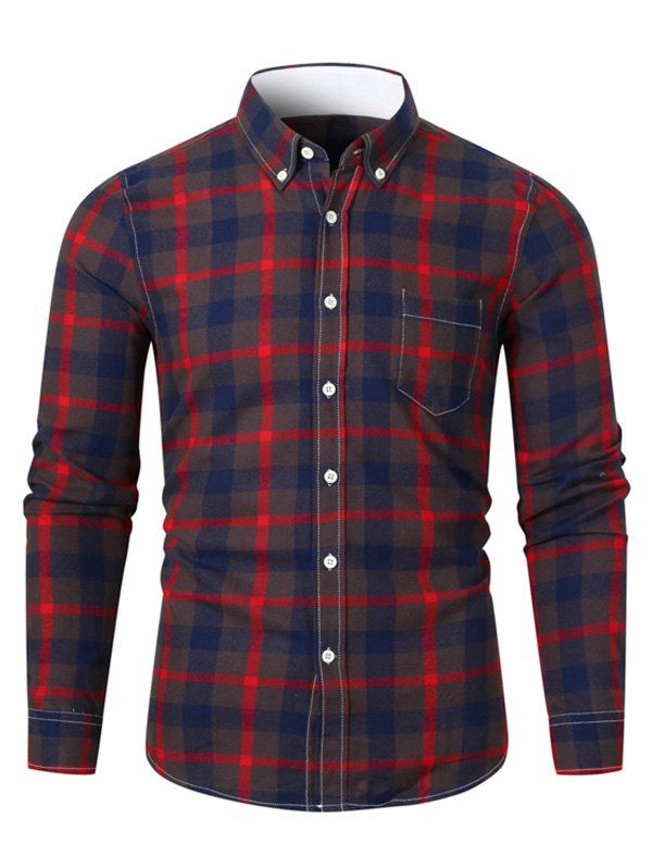 

Plaid Pattern Pocket Long-sleeved Shirt, Red