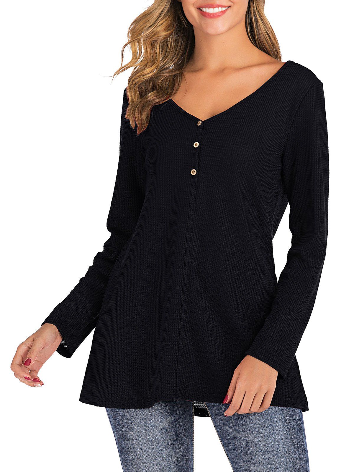 

V Neck Henley Long Sleeve Knitwear, Black