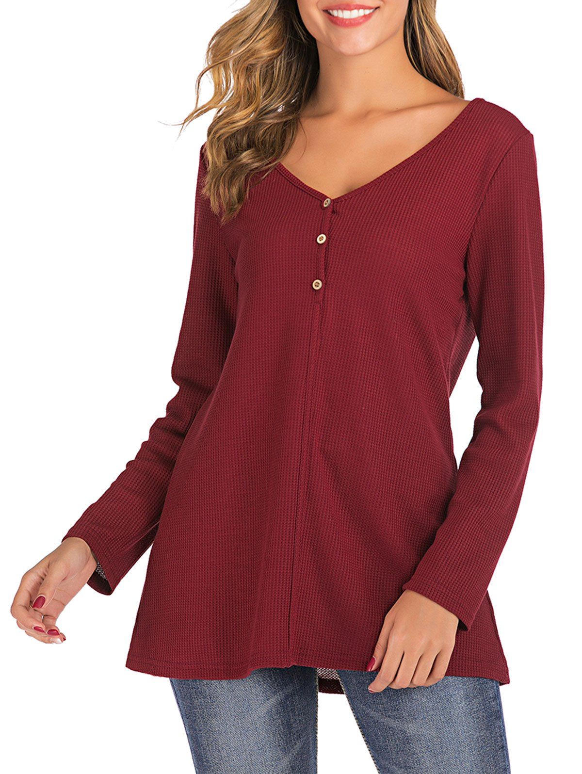 

V Neck Henley Long Sleeve Knitwear, Red wine