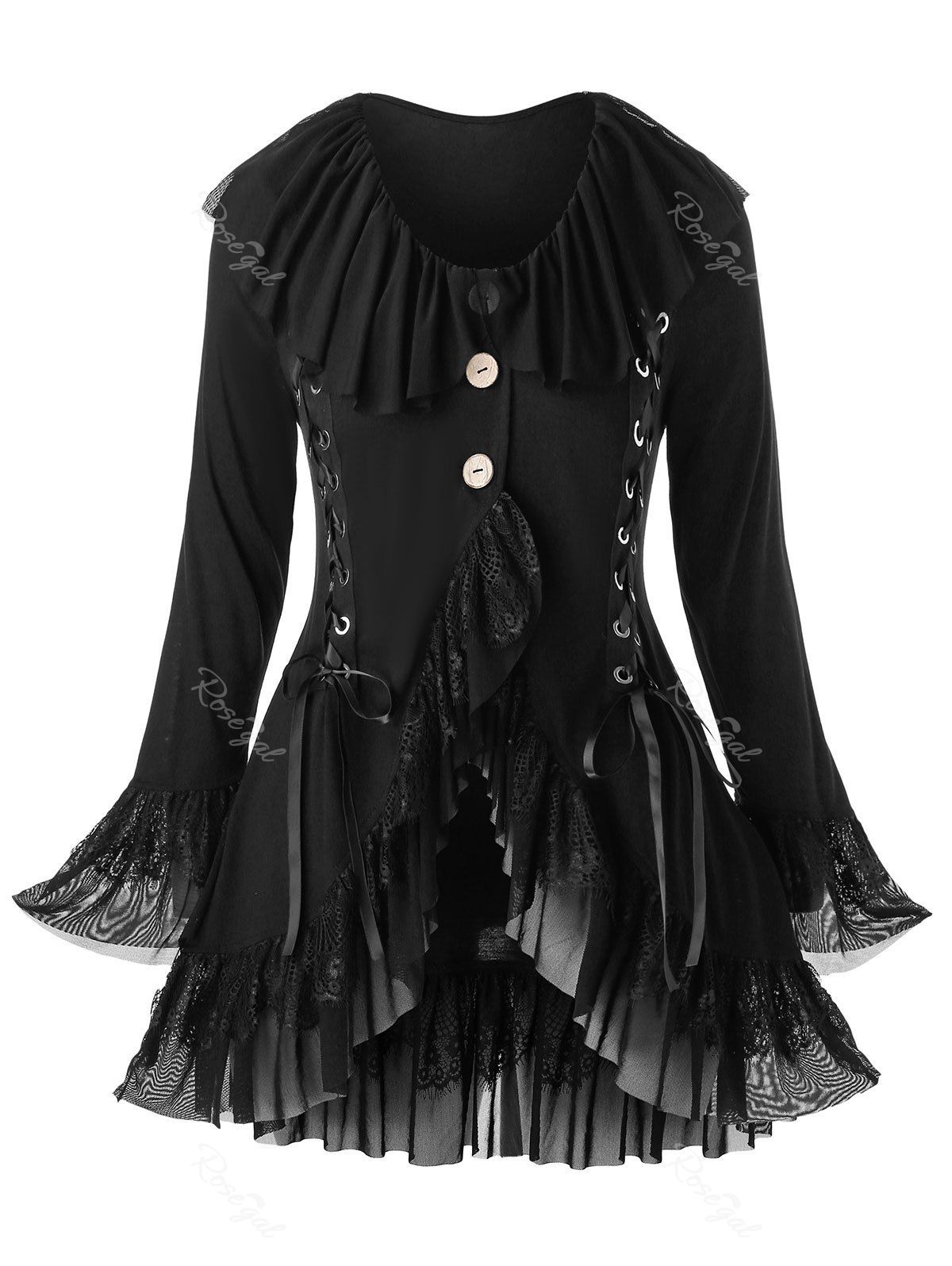 

Plus Size Layered Ruffled Lace Up Skirted Coat, Black