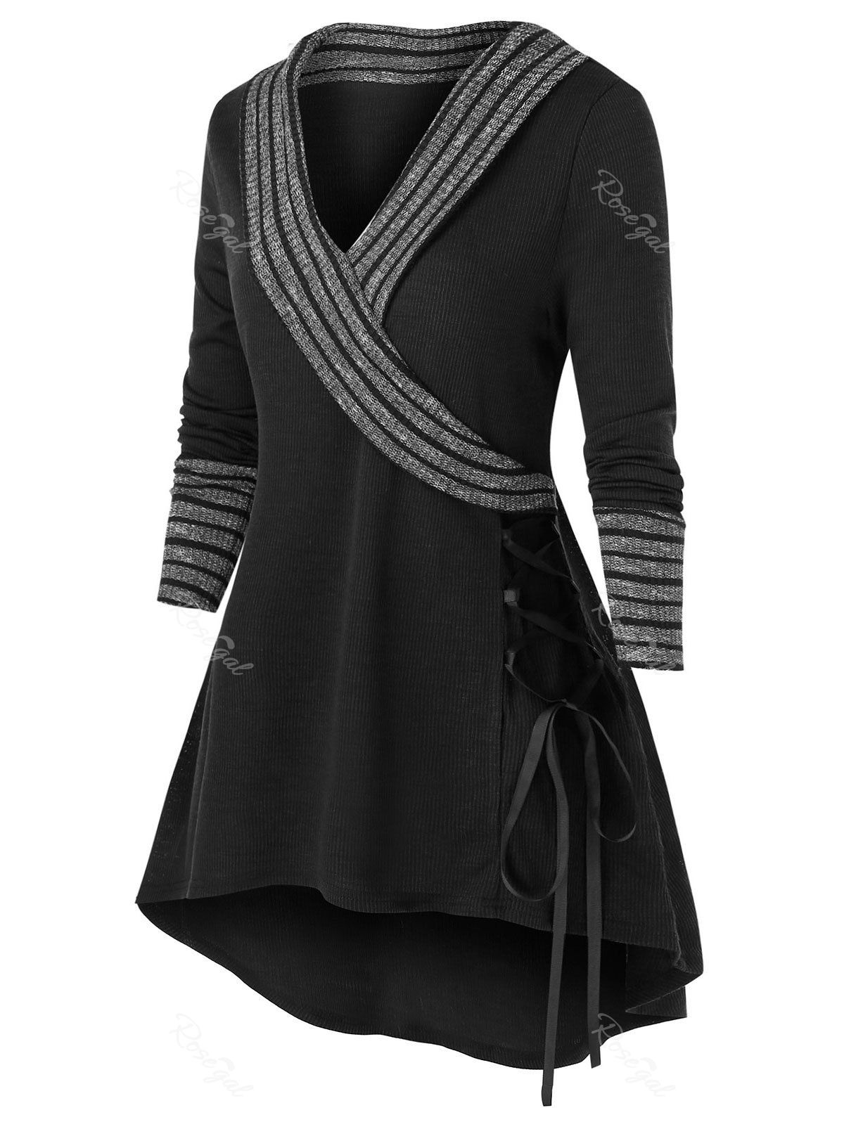 

Plus Size Tunic Lace Up Striped Sweater, Black