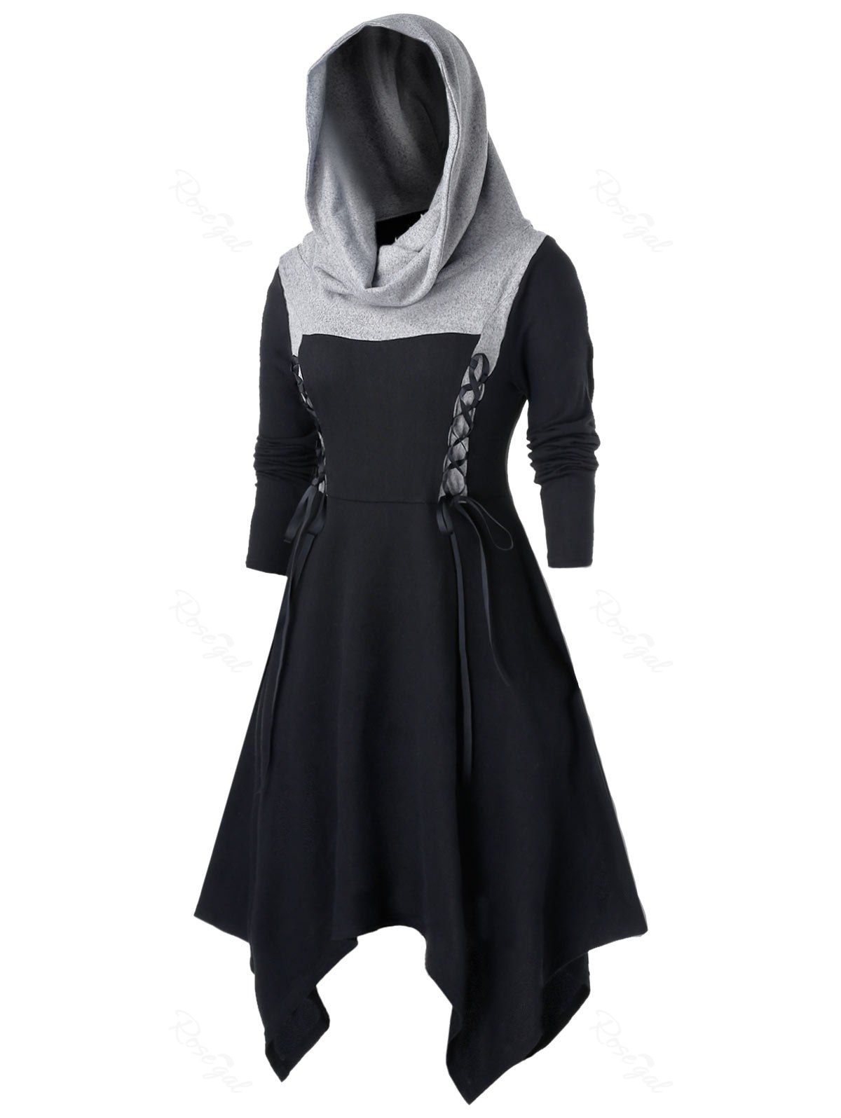 

Plus Size Lace Up Asymmetric Two Tone Hoodie, Black